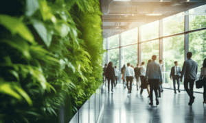 People walking inside a building with eco friendly walls