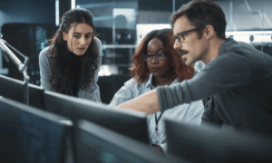 three people looking at a computer.
